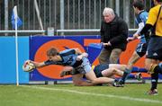 15 December 2010; Fergus Halpin, Newpark Comprehensive, goes over to score his side's first try from the challange of Kevin McGrath, Skerries C.C.. McMullen Cup Final, Skerries C.C. v Newpark Comprehensive, Donnybrook, Dublin. Picture credit: David Maher / SPORTSFILE