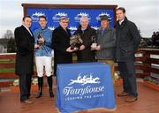 15 December 2010; The winning connections, from left to right, Neil Durkan, jockey Andrew McNamara, Bill Durkan, Nelius Hayes, part owner, Edward O'Grady, trainer, and David Cox, part owner, after winning The John Durkan Memorial Punchestown Steeplechase with Tranquil Sea. Fairyhouse Racecourse, Fairyhouse, Co. Meath. Picture credit: Barry Cregg / SPORTSFILE