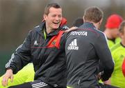 15 December 2010; Munster's Denis Hurley, left, shares a laugh with team-mate Johne Murphy during squad training ahead of their Heineken Cup Pool 3, Round 4, match against Ospreys on Saturday. Munster Rugby squad training, Cork Institute of Technology campus, Bishopstown, Cork. Picture credit: Diarmuid Greene / SPORTSFILE