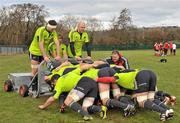 15 December 2010; A general view of Munster scrum practice, as Donnacha Ryan, left, Jerry Flannery, centre, and Paul O'Connell provide the weight resistance during squad training ahead of their Heineken Cup Pool 3, Round 4, match against Ospreys on Saturday. Munster Rugby squad training, Cork Institute of Technology campus, Bishopstown, Cork. Picture credit: Diarmuid Greene / SPORTSFILE