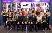 15 December 2010; TG4 celebrated their tenth year as sponsor of the Ladies Football Championships last night at a Banquet in Croke Park and in honour of the association between TG4 and Ladies Football, the TG4 Ladies Football Team of the Decade was announced. The team of the decade 2001-2010, back from left, Valerie Mulcahy, Cork, Briege Corkery, Cork, Nollaig Cleary, Cork, Rena Buckley, Cork, Angela Walsh, Cork, Caroline Brogan, Chairperson of the Mayo County Board on behalf of Cora Staunton, Mayo, Cliodhna O'Connor, Dublin, Juliet Murphy, Cork, Jenny Greenan, Monaghan, Geraldine O'Shea, Kerry and Rebecca Hallahan, Waterford, with, front, from left, Mary O'Donnell, Waterford, Tracey Lawlor, Laois, Peter Quinn, former President of the GAA, Pat Quill, President, Cumann Peil Gael na mBan, Pol O Gallchoir, Ceannasai, TG4, Emer Flaherty, Galway and Christina Heffernan, Mayo. TG4 Ladies Football Team of the Decade Banquet, Croke Park, Dublin. Picture credit: Brendan Moran / SPORTSFILE