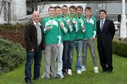 13 December 2010; Members of the AAI team David Rooney, Brendan O'Neill, David McCarthy, Michael Mulhare, John Coughlan and Ciaran O Lionaird, with Ray Flynn, Athletics Ireland official, and John Foley, CEO Athletics Ireland, right, on their return from the 17th SPAR European Cross Country Championships held in Albufeira, Portugal. Dublin Airport, Dublin. Photo by Sportsfile
