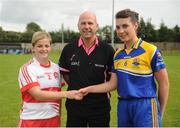 4 September 2016; Referee Kevin Phelan with Ruaigin Doherty of Derry, left, and Mairéad Reynolds of Longford head of the TG4 All Ireland Junior Football Championship Semi Final between Derry and Longford in Fingallians, Dublin.  Photo by Sam Barnes/Sportsfile