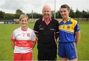 4 September 2016; Referee Kevin Phelan with Ruaigin Doherty of Derry, left, and Mairéad Reynolds of Longford head of the TG4 All Ireland Junior Football Championship Semi Final between Derry and Longford in Fingallians, Dublin.  Photo by Sam Barnes/Sportsfile