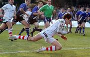 18 December 2010; Adam D'Arcy, Ulster Rugby, goes over to score a first half try against Bath Rugby. Heineken Cup, Pool 4, Round 4, Bath Rugby v Ulster Rugby, Recreation Ground, Bath, England. Picture credit: Matthew Impey / SPORTSFILE