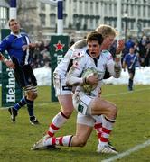 18 December 2010; Adam D'Arcy, Ulster Rugby, celebrates with team mate Nevin Spence after scoring a try against Bath Rugby. Heineken Cup, Pool 4, Round 4, Bath Rugby v Ulster Rugby, Recreation Ground, Bath, England. Picture credit: Matthew Impey / SPORTSFILE