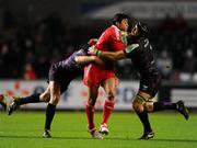 18 December 2010; Lifeimi Mafi, Munster, is tackled by Dan Biggar and Marty Holah, right, Ospreys. Heineken Cup, Pool 3, Round 4, Ospreys v Munster, Liberty Stadium, Swansea, Wales. Picture credit: Stephen McCarthy / SPORTSFILE