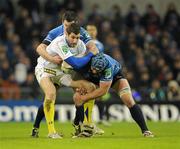 18 December 2010; Julien Malzieu, ASM Clermont Auvergne, is tackled by Jonathan Sexton and Sean O'Brien, right, Leinster. Heineken Cup, Pool 2, Round 4, Leinster v ASM Clermont Auvergne, Aviva Stadium, Lansdowne Road, Dublin. Picture credit: Brendan Moran / SPORTSFILE