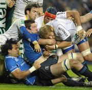 18 December 2010; Nathan Hines, Leinster, supported by team mate Isa Nacewa is stopped short of the line by Thibaut Privat, right, and Morgan Parra, ASM Clermont Auvergne. Heineken Cup, Pool 2, Round 4, Leinster v ASM Clermont Auvergne, Aviva Stadium, Lansdowne Road, Dublin. Picture credit: Brendan Moran / SPORTSFILE