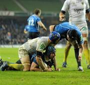 18 December 2010; Sean O'Brien, Leinster, congratulated by team mate Shane Jennings after scoring his side's third try. Heineken Cup, Pool 2, Round 4, Leinster v ASM Clermont Auvergne, Aviva Stadium, Lansdowne Road, Dublin. Picture credit: Matt Browne / SPORTSFILE