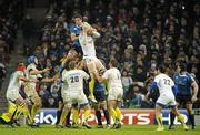 18 December 2010; Loic Jacquet, ASM Clermont Auvergne, wins possession in a lineout ahead of Nathan Hines, Leinster. Heineken Cup, Pool 2, Round 4, Leinster v ASM Clermont Auvergne, Aviva Stadium, Lansdowne Road, Dublin. Picture credit: Brendan Moran / SPORTSFILE
