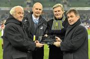 18 December 2010; Leinster Chief Executive Michael Dawson, right, and Leinster Rugby President Kevin Fitzpatrick, 2nd from right, are presented with a plaque by Jean Pierre Lux, left, Chairman of the ERC, and Derek McGrath, 2nd from left, Chief Executive of the ERC, to mark the occasion of Leinster's 100th game in Europe. Heineken Cup Pool 2, Round 4, Leinster v ASM Clermont Auvergne, Aviva Stadium, Lansdowne Road, Dublin. Picture credit: Brendan Moran / SPORTSFILE