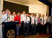 19 December 2010; Dublin captain Jonny Cooper makes a speech alongside his team-mates after being presented with their All-Ireland U-21 medals. The Officers Mess, Baldonnell, Dublin. Picture credit: Barry Cregg / SPORTSFILE