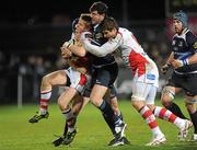 27 December 2010; Shane Horgan, Leinster, tackles Niall O'Connor and Robbie Diack, Ulster. Celtic League, Ulster v Leinster, Ravenhill Park, Belfast. Picture credit: Oliver McVeigh / SPORTSFILE