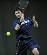 27 December 2010; Niall Fitzgeald from Greystones, Co. Wicklow, in action against Peter Bothwell. Babolat National Indoor Tennis Championships, David Lloyd Riverview, Clonskeagh, Dublin. Picture credit: Barry Cregg / SPORTSFILE