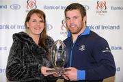 27 December 2010; Sean O'Brien, Leinster, right, receives his Man of the Match award from Lisa McCrink, Bank of Ireland. Celtic League, Ulster v Leinster, Ravenhill Park, Belfast. Picture credit: Oliver McVeigh / SPORTSFILE