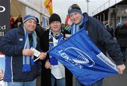 27 December 2010; Leinster fans, from left, Lesley Martin, from Arklow, Co Wicklow, Dave Kavanagh from Terenure, Dublin, and Tom Lyon from Rathfarnham, Dublin, at the Ulster v Leinster Celtic League match. Ravenhill Park, Belfast. Picture credit: Oliver McVeigh / SPORTSFILE