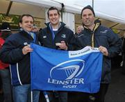 27 December 2010; Leinster fans, from left, David Brown senior and David Brown junior with John Whitley, all from Palmerstown, Dublin, at the Ulster v Leinster Celtic League match. Ravenhill Park, Belfast. Picture credit: Oliver McVeigh / SPORTSFILE