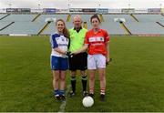 3 September 2016; Laura McEnaney of Monaghan and Ciara O'Sullivan of Cork exchange a handshake in the company of referee Gerry Carmody before the TG4 Ladies Football All-Ireland Senior Championship Semi-Final match between Cork and Monaghan at the Gaelic Grounds, Limerick. Photo by Diarmuid Greene/Sportsfile