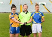 3 September 2016; Laurie Ryan of Clare and Samantha Lambert of Tipperary exchange a handshake in the company of referee Garryowen McMahon before the TG4 Ladies Football All-Ireland Intermediate Championship Semi-Final match between Clare and Tipperary at the Gaelic Grounds, Limerick. Photo by Diarmuid Greene/Sportsfile
