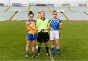 3 September 2016; Laurie Ryan of Clare and Samantha Lambert of Tipperary exchange a handshake in the company of referee Garryowen McMahon before the TG4 Ladies Football All-Ireland Intermediate Championship Semi-Final match between Clare and Tipperary at the Gaelic Grounds, Limerick. Photo by Diarmuid Greene/Sportsfile
