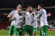 5 September 2016; Daryl Murphy of Republic of Ireland celebrates scoring his side's second goal with team mates Stephen Quinn, left and Richard Keogh, right, during the FIFA World Cup Qualifier match between Serbia and Republic of Ireland at the Red Star Stadium in Belgrade, Serbia. Photo by David Maher/Sportsfile