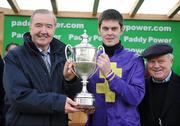 29 December 2010; Jockey Robbie McNamara, trainer Dermot Weld and owner Dr. Ronan Lambe after winning The Paddy Power Steeplechase, with Majestic Concorde. Leopardstown Christmas Racing Festival 2010, Leopardstown Racecourse, Leopardstown, Dublin. Picture credit: Stephen McCarthy / SPORTSFILE