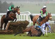 30 December 2010; Battling Boru, with Bryan Cooper up, crash at the first fence during The Bord na Mona Clean Water Maiden Hurdle. Leopardstown Christmas Racing Festival 2010, Leopardstown Racecourse, Leopardstown, Dublin. Picture credit: Stephen McCarthy / SPORTSFILE