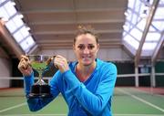 31 December 2010; Rachel Dillon, Donnybrook Tennis Club, Dublin, with the cup following her 6-2, 2-6, 7-5 victory over Sinead Lohan, Tramore, Co. Waterford, during the Women's Singles Final. National Indoor Tennis Championships Finals 2010, David Lloyd Riverview, Clonskeagh, Dublin. Picture credit: Stephen McCarthy / SPORTSFILE