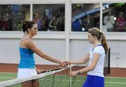 31 December 2010; Rachel Dillon, Donnybrook Tennis Club, Dublin, left, and Sinead Lohan, Tramore, Co. Waterford, shake hands following their Women's Singles Final. Dillon won the final 6-2,2-6,7-5. National Indoor Tennis Championships Finals 2010, David Lloyd Riverview, Clonskeagh, Dublin. Picture credit: Stephen McCarthy / SPORTSFILE