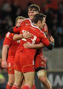 1 January 2011; Barry Murphy, Munster, is congratulated by team-mate Donnacha Ryan after scoring his try. Celtic League, Munster v Ulster, Thomond Park, Limerick. Picture credit: Diarmuid Greene / SPORTSFILE