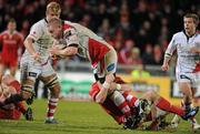 1 January 2011;Tom Court, Ulster, is tackled by Paddy Butler, Munster. Celtic League, Munster v Ulster, Thomond Park, Limerick. Picture credit: Brendan Moran / SPORTSFILE