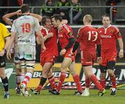 1 January 2011; Munster's Barry Murphy, third from left, is congratulated by team-mate Jerry Flannery on scoring their side's third try. Celtic League, Munster v Ulster, Thomond Park, Limerick. Picture credit: Brendan Moran / SPORTSFILE