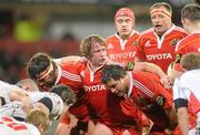 1 January 2011; Jerry Flannery, Munster, shouts instructions to his team-mates before a scrum. Celtic League, Munster v Ulster, Thomond Park, Limerick. Picture credit: Diarmuid Greene / SPORTSFILE