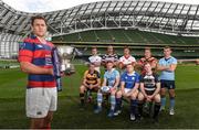 7 September 2016; Clontarf captain Ben Reilly, holding the Ulster Bank League trophy, with back row, from left, Niall Kenneally, Cork Constitution, Kyle McCoy, Terenure College, Bryan Mallon, Dublin University, Ian Prendiville, Lansdowne, Jamie Glynn, UCD; front row, from left, Sean Duggan, Young Munster, Michael O'Donnell, Garryowen, Brian McGovern, St. Mary's, and John Kennedy, Old Belvedere, during the launch of the 2016/17 Ulster Bank League at the Aviva Stadium in Lansdowne Road, Dublin. Photo by Matt Browne/Sportsfile