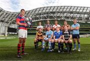 7 September 2016; Clontarf captain Ben Reilly, holding the Ulster Bank League trophy, with back row, from left, Niall Kenneally, Cork Constitution, Kyle McCoy, Terenure College, Bryan Mallon, Dublin University, Ian Prendiville, Lansdowne, Jamie Glynn, UCD; front row, from left, Sean Duggan, Young Munster, Michael O'Donnell, Garryowen, Brian McGovern, St. Mary's, and John Kennedy, Old Belvedere, during the launch of the 2016/17 Ulster Bank League at the Aviva Stadium in Lansdowne Road, Dublin. Photo by Matt Browne/Sportsfile