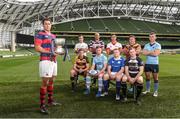 7 September 2016; Clontarf captain Ben Reilly, holding the Ulster Bank League trophy, and back row, from left, Niall Kenneally, Cork Constitution, Kyle McCoy, Terenure College, Bryan Mallon, Dublin University, Ian Prendiville, Lansdowne, Jamie Glynn, UCD; front row, from left, Sean Duggan, Young Munster, Michael O'Donnell, Garryowen, Brian McGovern, St. Mary's, and John Kennedy, Old Belvedere, during the launch of the 2016/17 Ulster Bank League at the Aviva Stadium in Lansdowne Road, Dublin. Photo by Matt Browne/Sportsfile