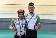7 September 2016; Damien Vereker of Ireland, left, along with his pilot Sean Hahessy after a training session in the Olympic Velodrome ahead of their Pursuit and B Kilo Tandem B in the 2016 Paralympic Games in Rio de Janeiro, Brazil. Photo by Diarmuid Greene/Sportsfile