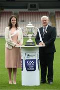 7 September 2016; After an exciting 2016 Bord Gáis Energy GAA Hurling U-21 All-Ireland Championship, it has all come down to Galway and Waterford, who will battle it out for the newly unveiled James Nowlan Cup. The pair will go head to head in Semple Stadium, Thurles this Saturday 10th September at 5pm. The game will be preceded by the clash of Meath and Mayo in the ‘B’ championship decider at 3pm, with both games to be broadcast live on TG4. Pictured in Semple Stadium is Uachtarán Chumann Lúthchleas Gael Aogán Ó Fearghail and Sorcha Fennell Sheehan, Sponsorship Programme Manager for Bord Gáis Energy. Photo by Sam Barnes/Sportsfile