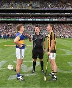 4 September 2016; Tipperary captain Brendan Maher and Kilkenny captain Shane Prendergast look on as referee Brian Gavin tosses a commemorative Michael Collins coin before the GAA Hurling All-Ireland Senior Championship Final match between Kilkenny and Tipperary at Croke Park in Dublin. Photo by Ray McManus/Sportsfile