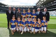 4 September 2016; Vice President of the INTO John Boyle, President of Cumann na mBunscol Liam McGee, President of the Camogie Association Catherine Neary, Uachtarán Chumann Lúthchleas Gaeil Aogán Ó Fearghail, and Mini-Sevens Coordinator Gerry O'Meara, with the Tipperary team, back row, left to right, Jack Morrissey, Ballyhea NS, Charleville, Cork, Emmet McGirl, St Mary's NS, Aughnasheelin, Leitrim, Eamon Cunneen, St Mary's NS, Raharney, Westmeath, front row, left to right, DJ Hession, Gaelscoil De hÍde, Galway Road, Roscommon, Augustine Waters, St Patrick's NS, Ballinfull, Maugherow, Sligo, Shea McElroy, St Naile's PS, Corrameen Rd, Kinawley, Fermanagh, Eamon Cassidy, St Brigids, Maghera, Derry, Tristan O'Tuama, Gaelscoil Durlas, Thurles, Leo Hughes, St Patrick's PS Dungannon, Dungannon, Tyrone, William Beresford, Garranbane NS, Dungarvan, Waterford, ahead of the GAA Hurling All-Ireland Senior Championship Final match between Kilkenny and Tipperary at Croke Park in Dublin. Photo by Daire Brennan/Sportsfile