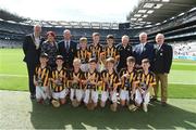 4 September 2016; Vice President of the INTO John Boyle, President of the Camogie Association Catherine Neary, President of Cumann na mBunscol Liam McGee, Uachtarán Chumann Lúthchleas Gaeil Aogán Ó Fearghail, and Mini-Sevens Coordinator Gerry O'Meara, with the Kilkenny team, back row, left to right, Mark Holohan, Scoil Naomh Feichin, Termonfechin, Louth, Edward Greene Harney, Monamolin NS, Gorey, Wexford, Paudie Heavin, Scoil Mhuire na mBuachaillí, Castleblayney, Monaghan, front row, left to right, Gearóid Vaughan, Broadford & Kilbane NS, Broadford, Clare, Oisín Smith, Bruskey NS, Bruskey Ballinagh, Cavan, Kevin Hogan, St Pius X BNS, Terenure, Dublin, Jim Kennedy, St Mary's BNS Rathfarnham, Rathfarnham, Dublin 14, Joe Dundon, Borris Mixed NS, Borris, Carlow, Pádraig Lennon, Scoil Chiaran Naofa, Stoneyford, Kilkenny, Evan Geoghegan, Kildalkey NS, Kildalkey, Meath, ahead of the GAA Hurling All-Ireland Senior Championship Final match between Kilkenny and Tipperary at Croke Park in Dublin. Photo by Daire Brennan/Sportsfile