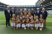 4 September 2016; Vice President of the INTO John Boyle, President of the Camogie Association Catherine Neary, President of Cumann na mBunscol Liam McGee, Uachtarán Chumann Lúthchleas Gaeil Aogán Ó Fearghail, and Mini-Sevens Coordinator Gerry O'Meara, with the Kilkenny team, back row, left to right, Kate Fitzgerald, Kilmurry NS, Sixmilebridge, Clare, Ciara Butler, Glynn NS, Enniscorthy, Wexford, Róisín Maguire, Scoil N Caoimhín Naofa, Philipstown, Dunleer, Louth, front row, left to right, Caoimhe Mulvey, Colehill NS, Colehill, Longford, Sophie Bermingham, Rathcoyle NS, Rathdangan, Kiltegan, Wicklow, Aoibhín Randles, Glenswilly NS, Letterkenny, Donegal, Ciara Fitzsimons, St Patrick's PS Ballygalget, Portaferry, Down, Clara Keane,  St Oliver Plunkett NS, Newcastle, Athenry, Galway, Rebecca Gorman, Assumption Senior Girls School, Walkinstown, Dublin, Lilian Keane, Scoil Naomh Brighde, Tooreen, Mayo, ahead of the GAA Hurling All-Ireland Senior Championship Final match between Kilkenny and Tipperary at Croke Park in Dublin. Photo by Daire Brennan/Sportsfile