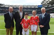 4 September 2016; President of Cumann na mBunscol Liam McGee, Vice-President of the INTO John Boyle, Uachtarán Chumann Lúthchleas Gaeil, with referees, Conor Kenny, St Pius X Boys' NS Fortfield Park, Dublin, and Aoife Cambell, St Pius X Girls' NS Fortfield Park, Dublin, ahead of the GAA Hurling All-Ireland Senior Championship Final match between Kilkenny and Tipperary at Croke Park in Dublin. Photo by Daire Brennan/Sportsfile