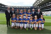 4 September 2016; Vice President of the INTO John Boyle, President of Cumann na mBunscol Liam McGee, President of the Camogie Association Catherine Neary, Uachtarán Chumann Lúthchleas Gaeil Aogán Ó Fearghail, and Mini-Sevens Coordinator Gerry O'Meara, with the Tipperary team, back row, left to right, Kathlyn Stack, Scoil Muire Gan Smál, Lixnaw, Kerry, Laoise Mimnagh, Gaelscoil Uí Fhiaich, Maigh Nuad, Kildare, Ava Maloney, Shinrone NS, Shinrone, Birr, Offaly, front row, left to right, Anna Geary, Ballygarvan NS, Ballygarvan, Cork, Chloe Hughes, Scoil Maelruain Senior, Tallaght, Dublin, Lauren Healy, Ballinakill NS, Ballinakill, Laois, Saoirse Ní Bhraonáin, Gaelscoil Bharra, Cabrach, Dublin, Martha Walsh, St Teresa’s PS, Lurgan, Armagh, Sophia Erskine, St Anne's PS, Finaghy, Antrim, Alex Connole, St Joseph's NS, Ballybrown, Clarina, Limerick, ahead of the GAA Hurling All-Ireland Senior Championship Final match between Kilkenny and Tipperary at Croke Park in Dublin. Photo by Daire Brennan/Sportsfile