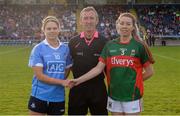 27 August 2016; Referee Brendan Rice with team captains Noelle Healy of Dublin and Sarah Tierney of Mayo prior to the TG4 Ladies Football All-Ireland Senior Championship Semi-Final game between Dublin and Mayo at Kingspan Breffni Park in Cavan. Photo by Piaras Ó Mídheach/Sportsfile