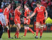 8 January 2011; Man of the Match Donncha O'Callaghan exchanges a handshake with Munster team-mate Ronan O'Gara after the game. Celtic League, Munster v Glasgow Warriors, Musgrave Park, Cork. Picture credit: Diarmuid Greene / SPORTSFILE