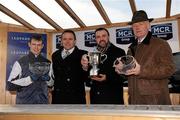 9 January 2011; Donal Barrett of MCR Group, second from left, presents Final Approach owner Douglas Taylor, centre, with the winning trophy along with jockey Paul Townend and trainer Willie Mullins after winning The MCR Hurdle, Extended Handicap Hurdle - Rated 0-145, Grade B. Horse racing, Leopardstown, Co Dublin. Picture credit: Barry Cregg / SPORTSFILE