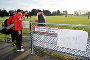 9 January 2011; Mayo manager James Horan speaks with head groundsman Hugh Rudden about using the pitch for training after the match was postponed by referee TJ Keavney who deemed the pitch unplayable, Keavney had specified that one corner of the pitch was particularly bad. FBD Connacht League, Mayo v Leitrim, Sean O'Heslin Park, Ballyhaunis GAA Club, Ballyhaunis, Co Mayo. Picture credit: Brian Lawless / SPORTSFILE