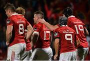 9 September 2016; Dave Kilcoyne of Munster is congratulated by team-mate Donnacha Ryan, 19, after scoring his side's second try during the Guinness PRO12 Round 2 match between Munster and Cardiff Blues at Irish Independent Park in Cork. Photo by Piaras Ó Mídheach/Sportsfile